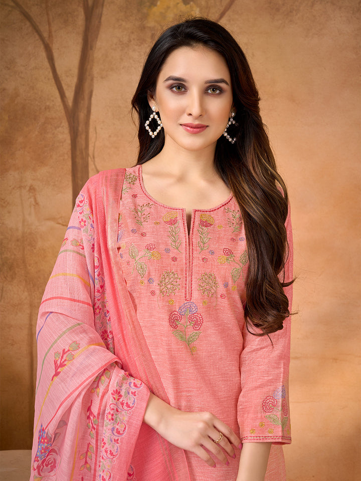 Coral Pink Floral Embroidered Suit Set