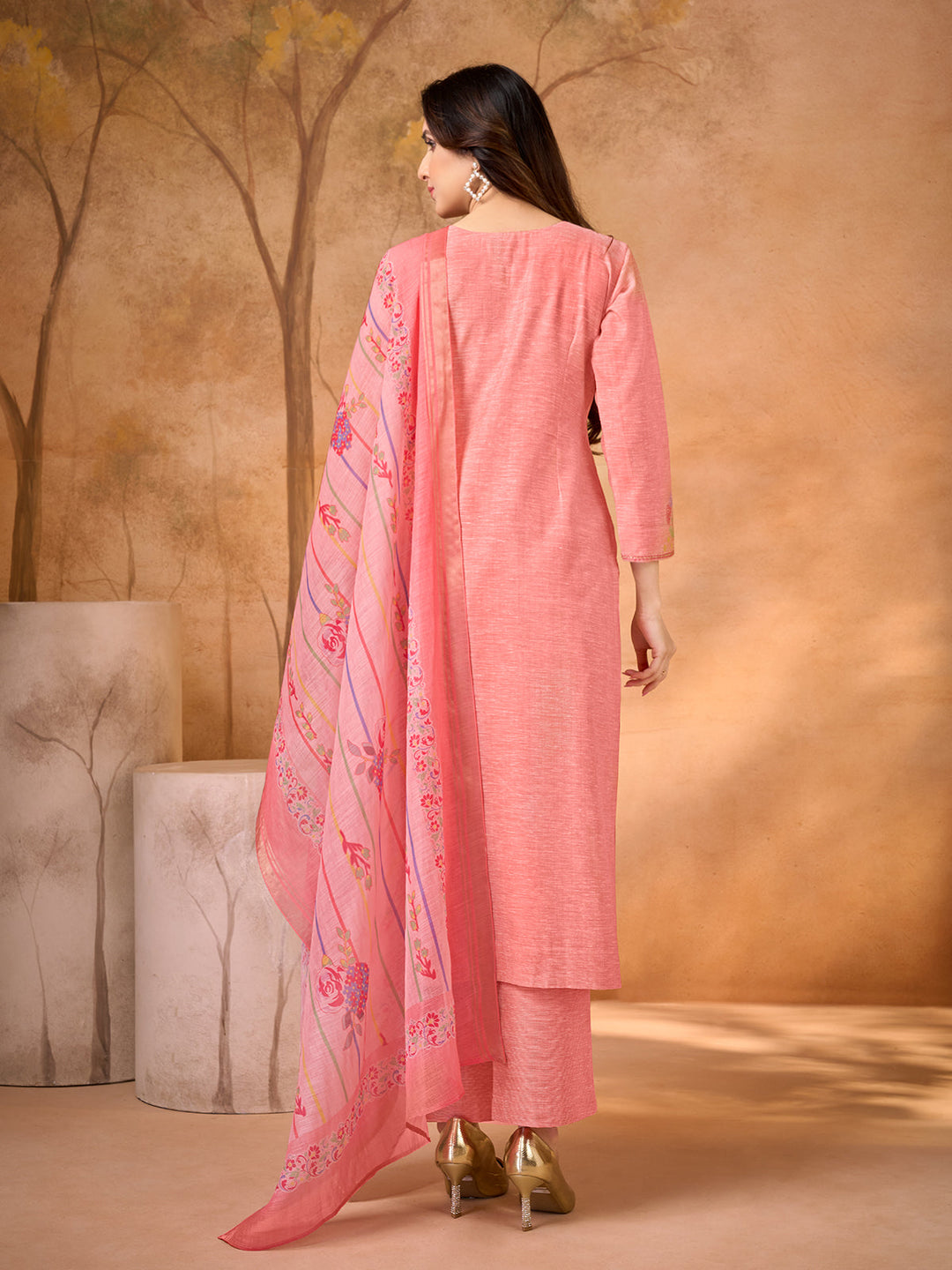 Coral Pink Floral Embroidered Suit Set