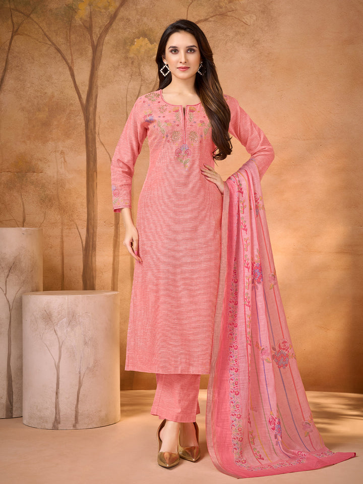 Coral Pink Floral Embroidered Suit Set
