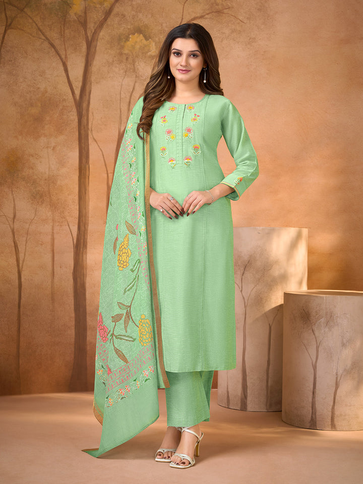 Serene Mint Blossom Embroidered Suit Set