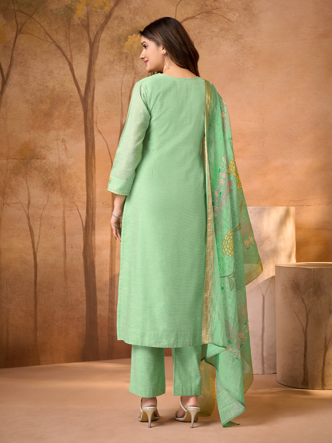 Serene Mint Blossom Embroidered Suit Set
