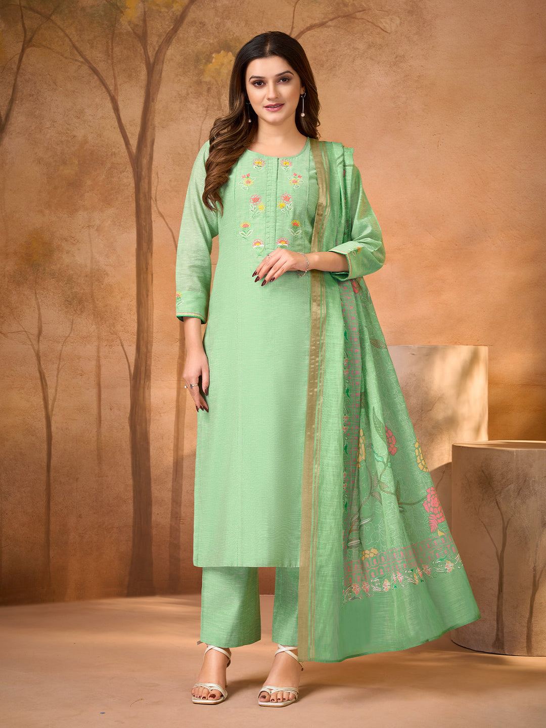Serene Mint Blossom Embroidered Suit Set