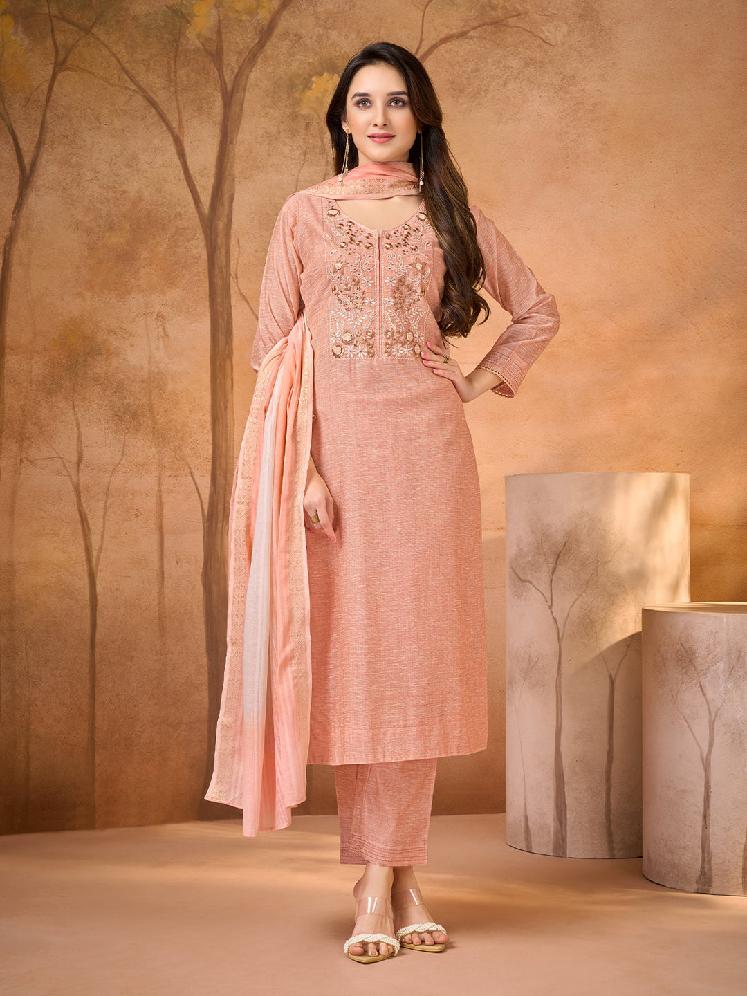Blush Peach Embroidered Suit Set