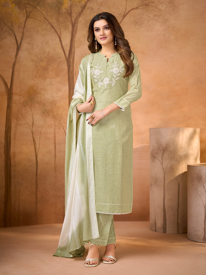 Elegant Mint Floral Embroidered Suit Set