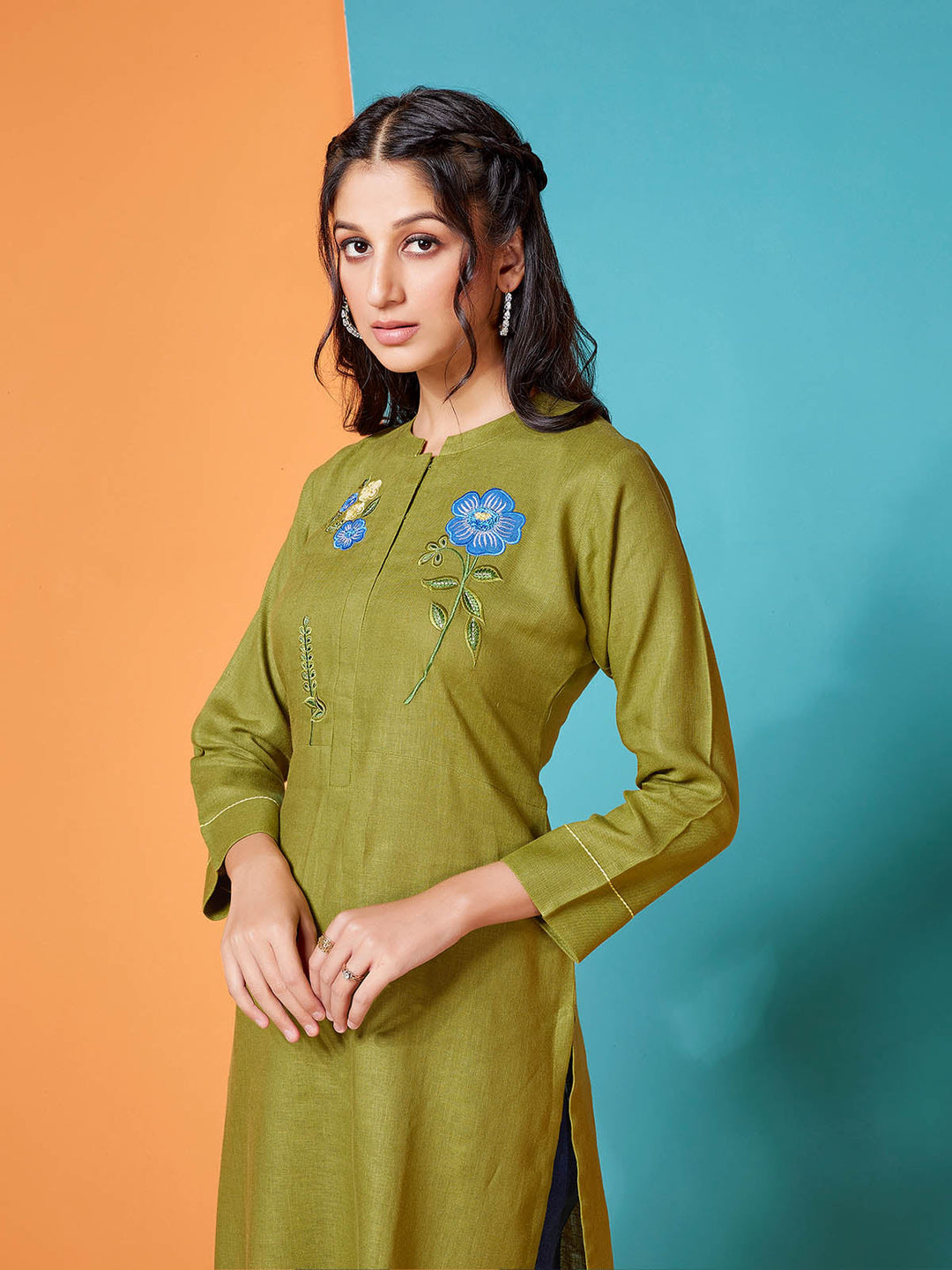 Olive Green Linen Kurti