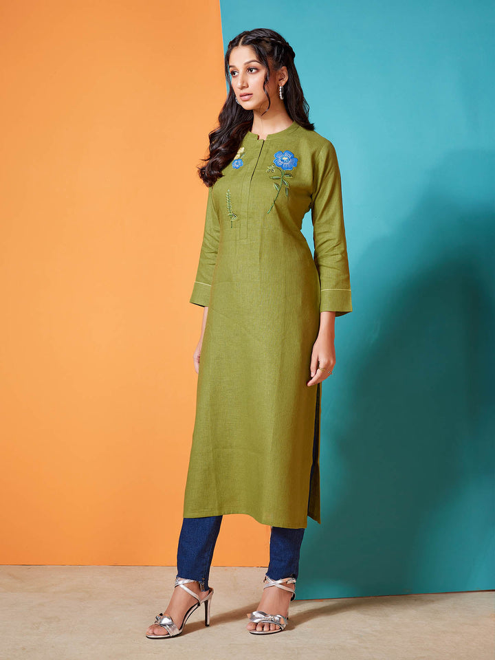 Olive Green Linen Kurti