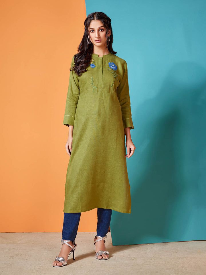 Olive Green Linen Kurti