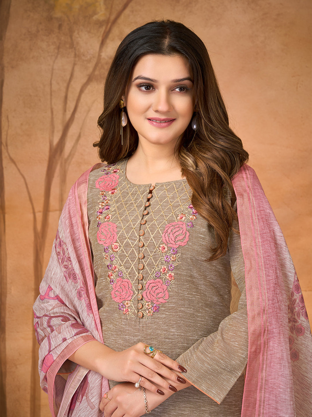 Dusky Taupe Rose Embroidered Suit Set