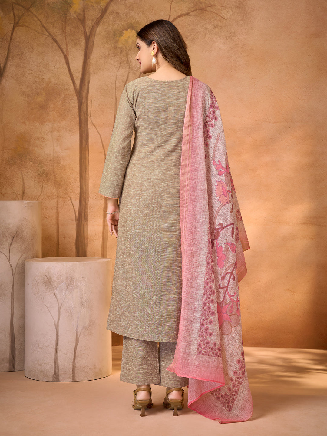 Dusky Taupe Rose Embroidered Suit Set