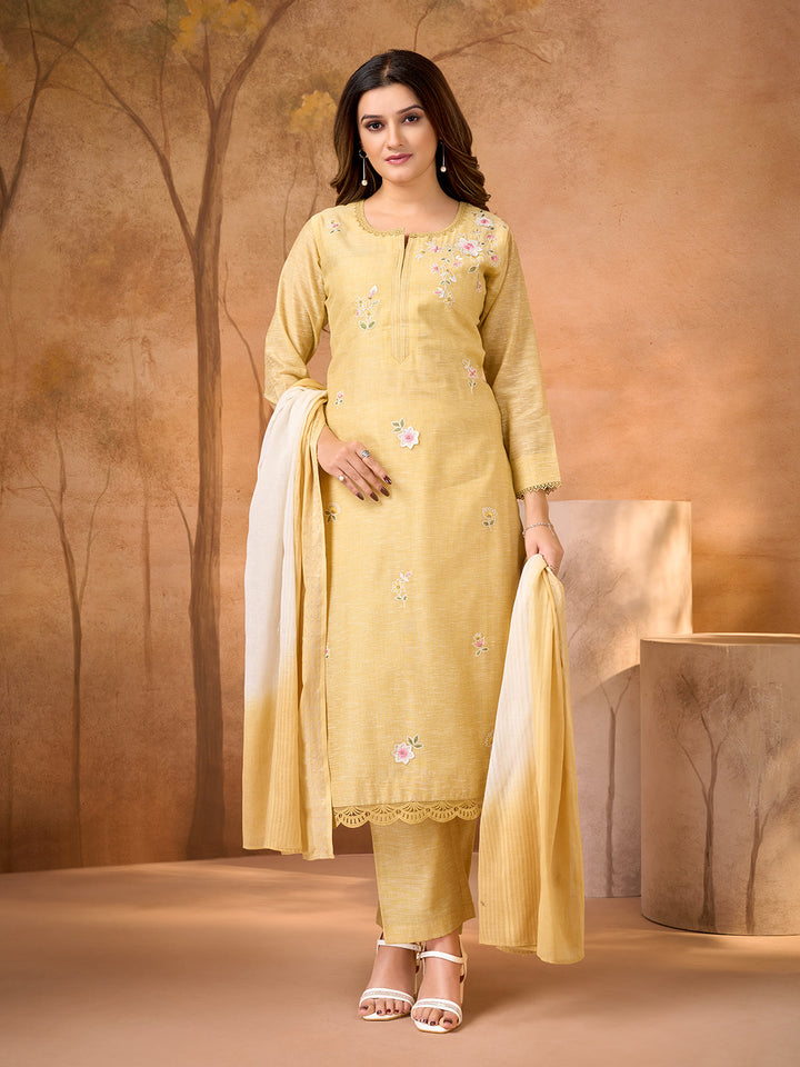 Golden Meadow Floral Embroidered Suit Set