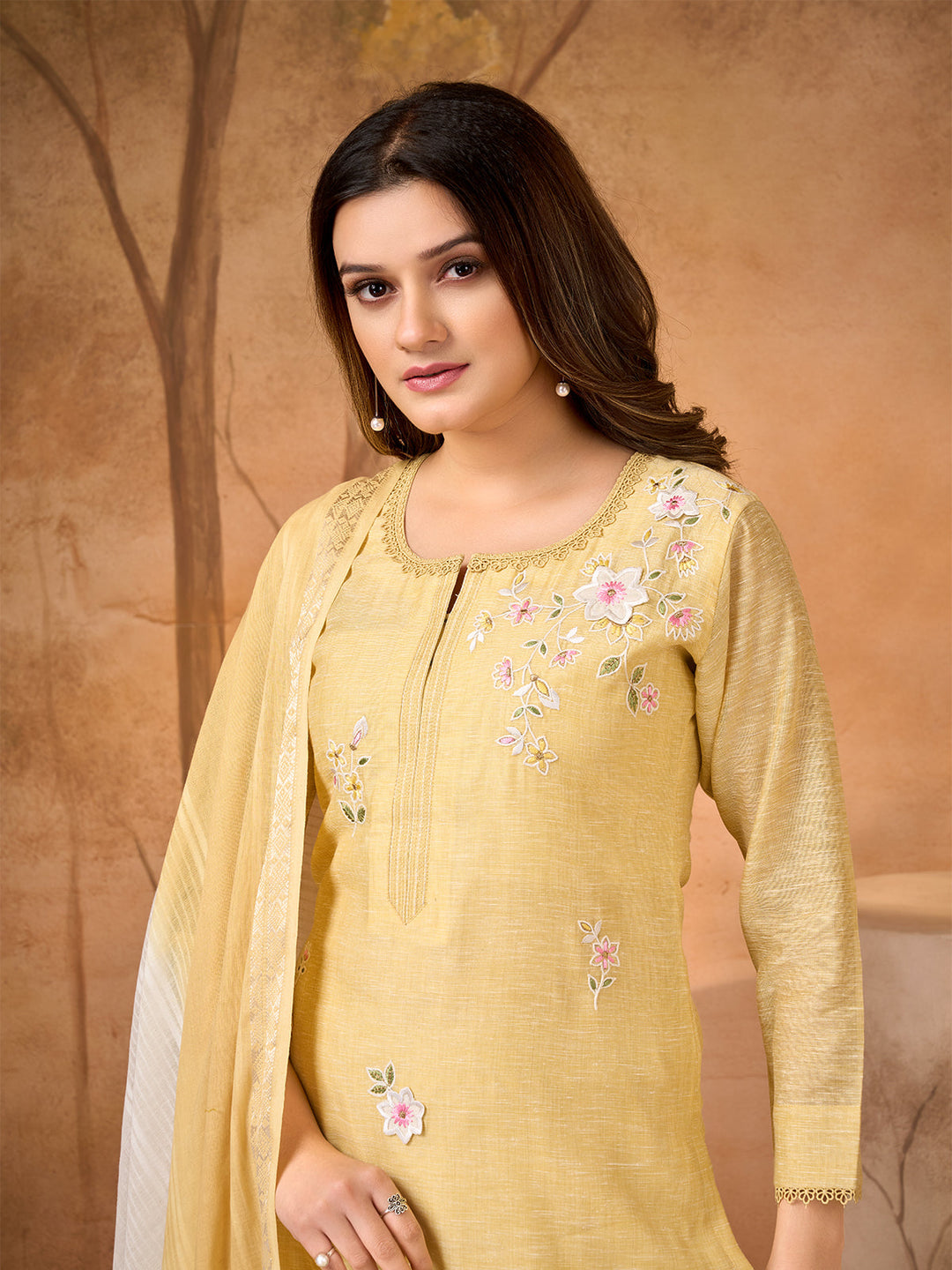Golden Meadow Floral Embroidered Suit Set
