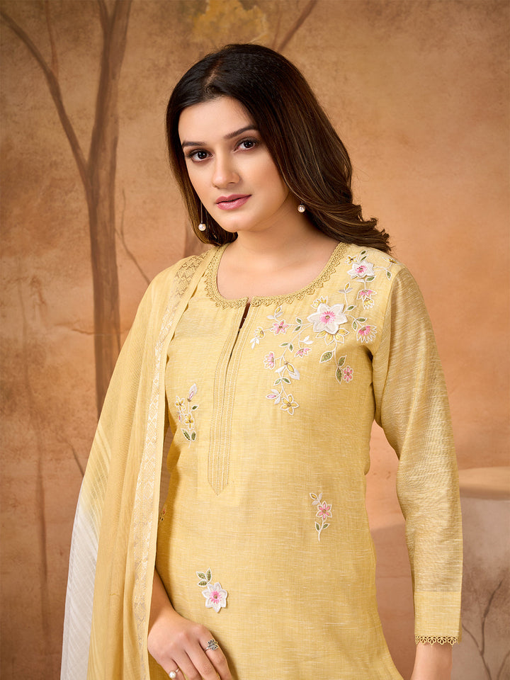 Golden Meadow Floral Embroidered Suit Set