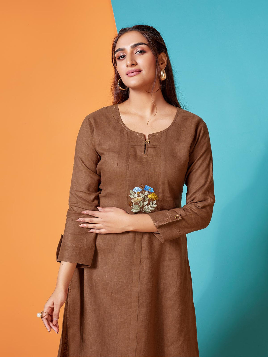 Wood Brown Linen Kurti