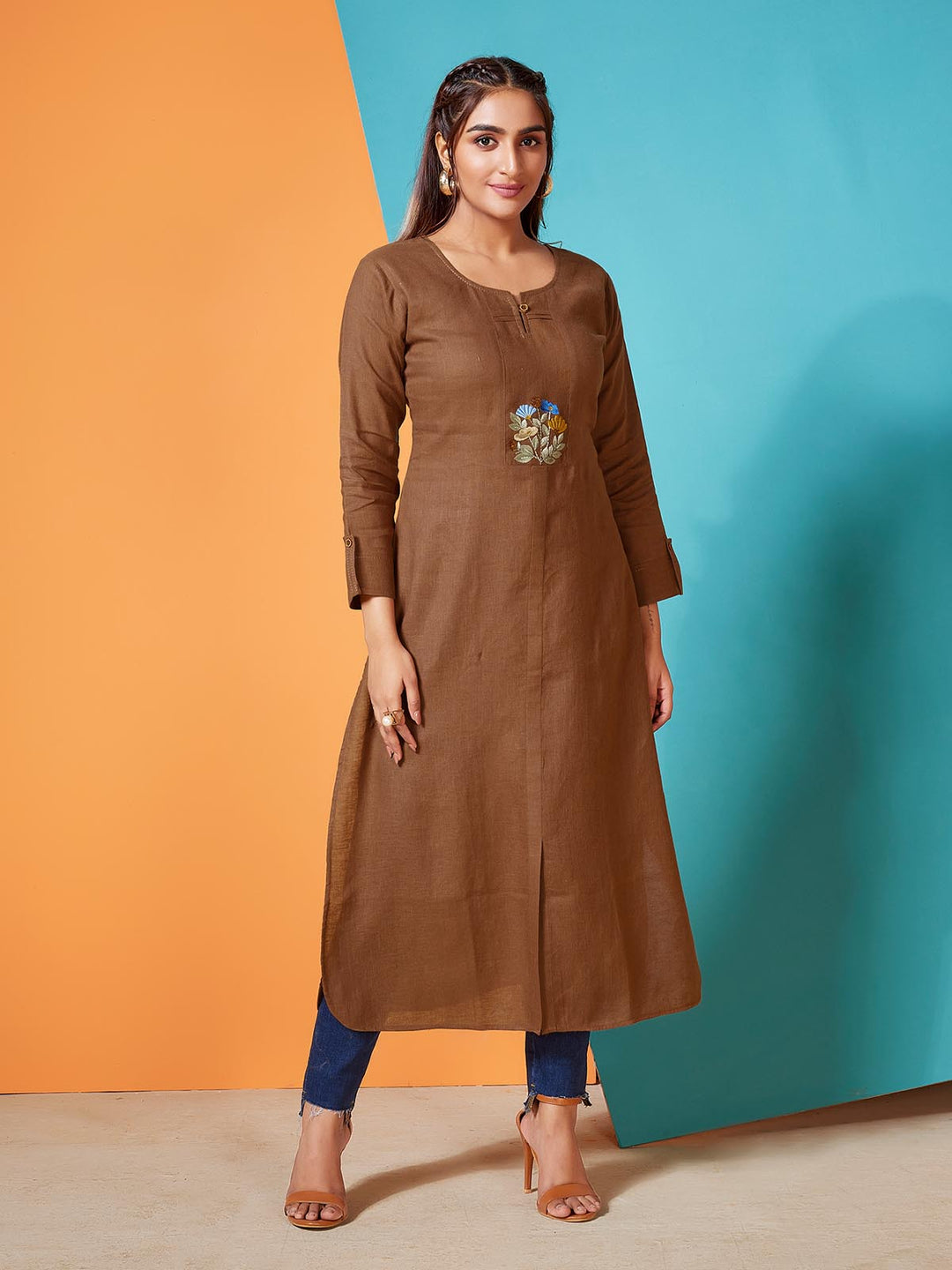 Wood Brown Linen Kurti