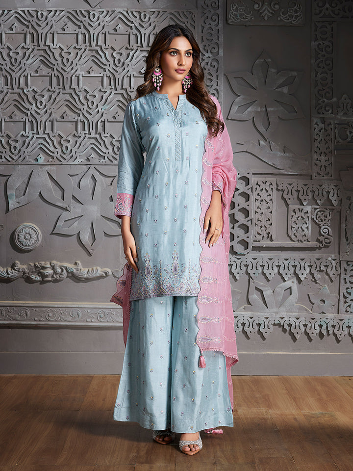 Powder Blue Semi Silk Sharara Set