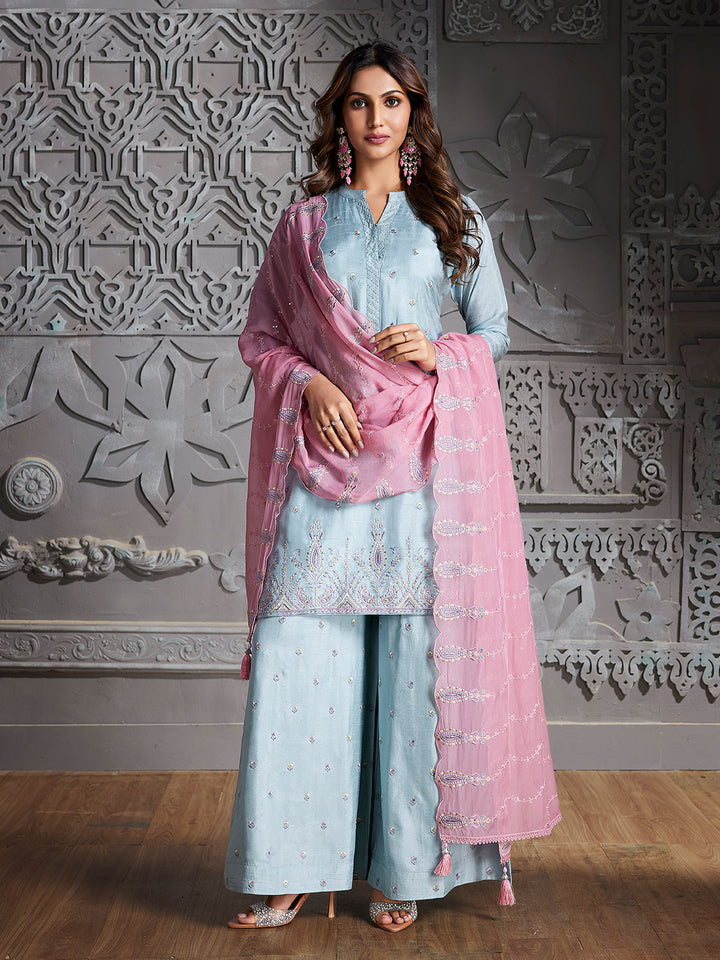 Powder Blue Semi Silk Sharara Set