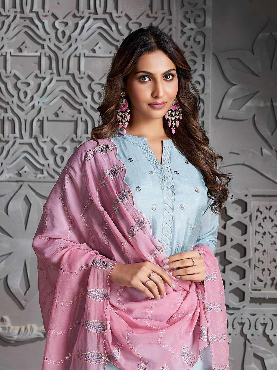 Powder Blue Semi Silk Sharara Set