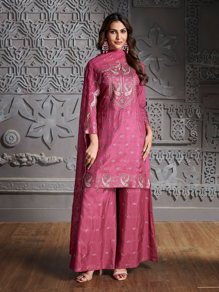 Rose Pink Semi-Silk Sharara Set