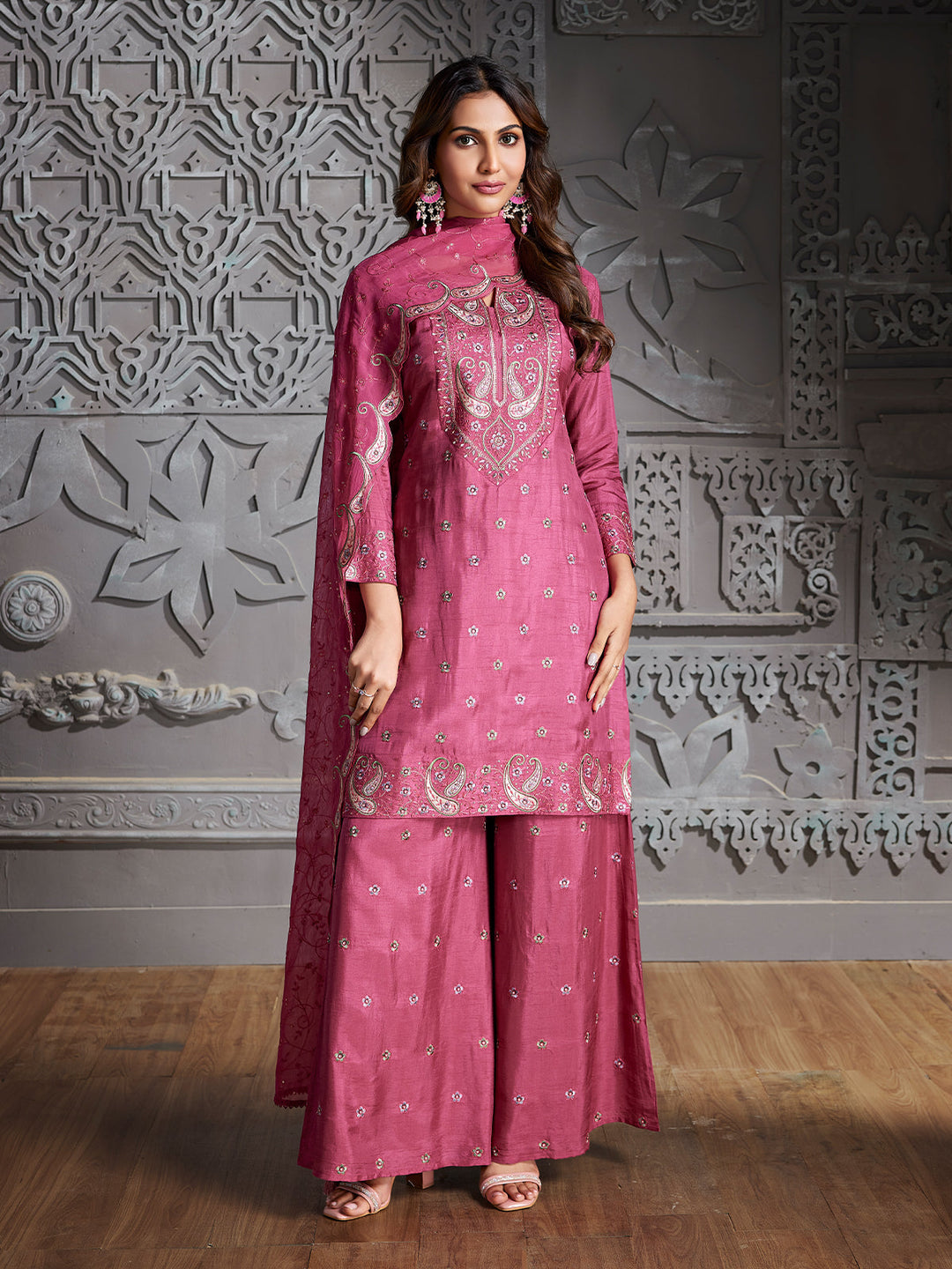 Rose Pink Semi-Silk Sharara Set