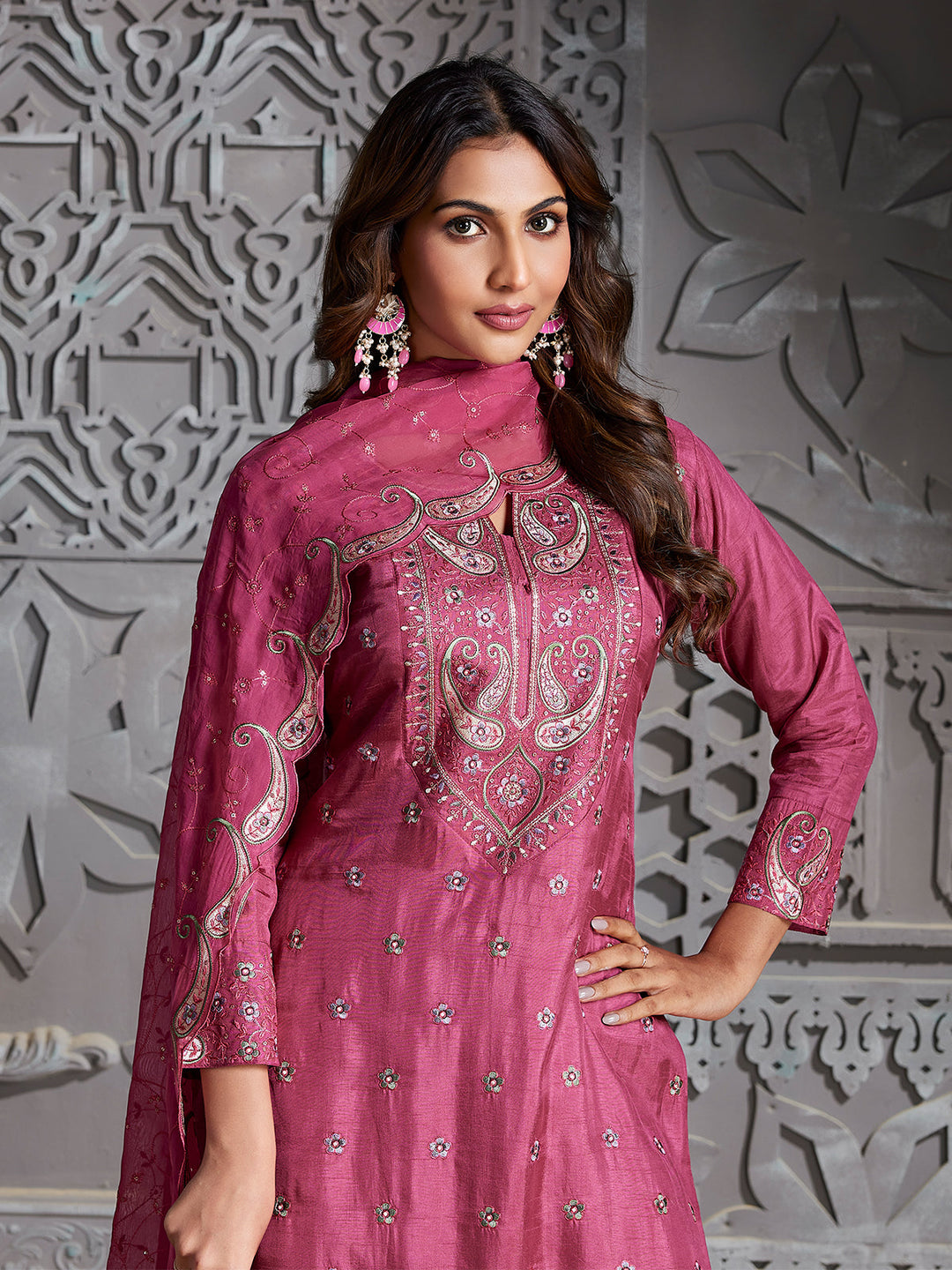 Rose Pink Semi-Silk Sharara Set