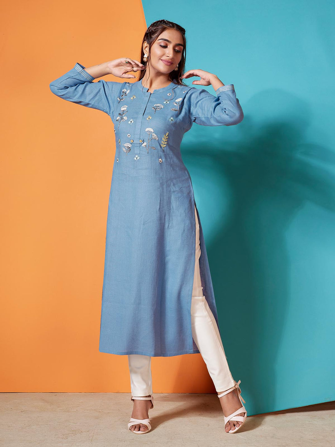 Sky Blue Linen Kurti