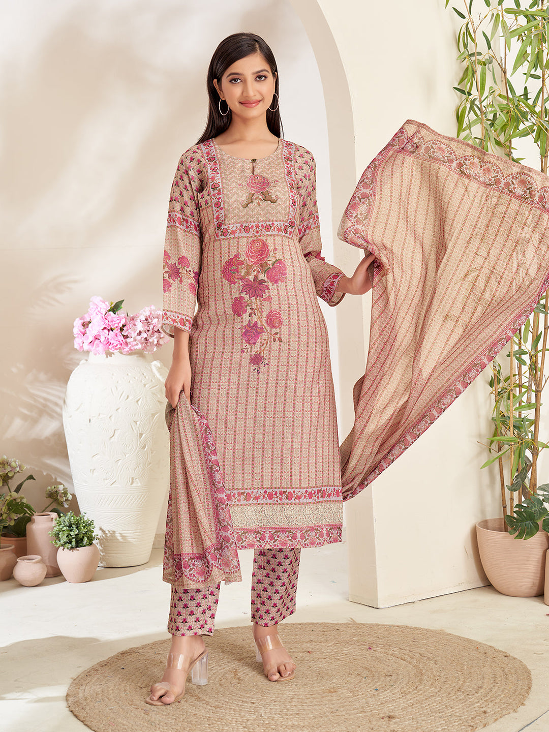 Soft Taupe Floral Print Suit Set