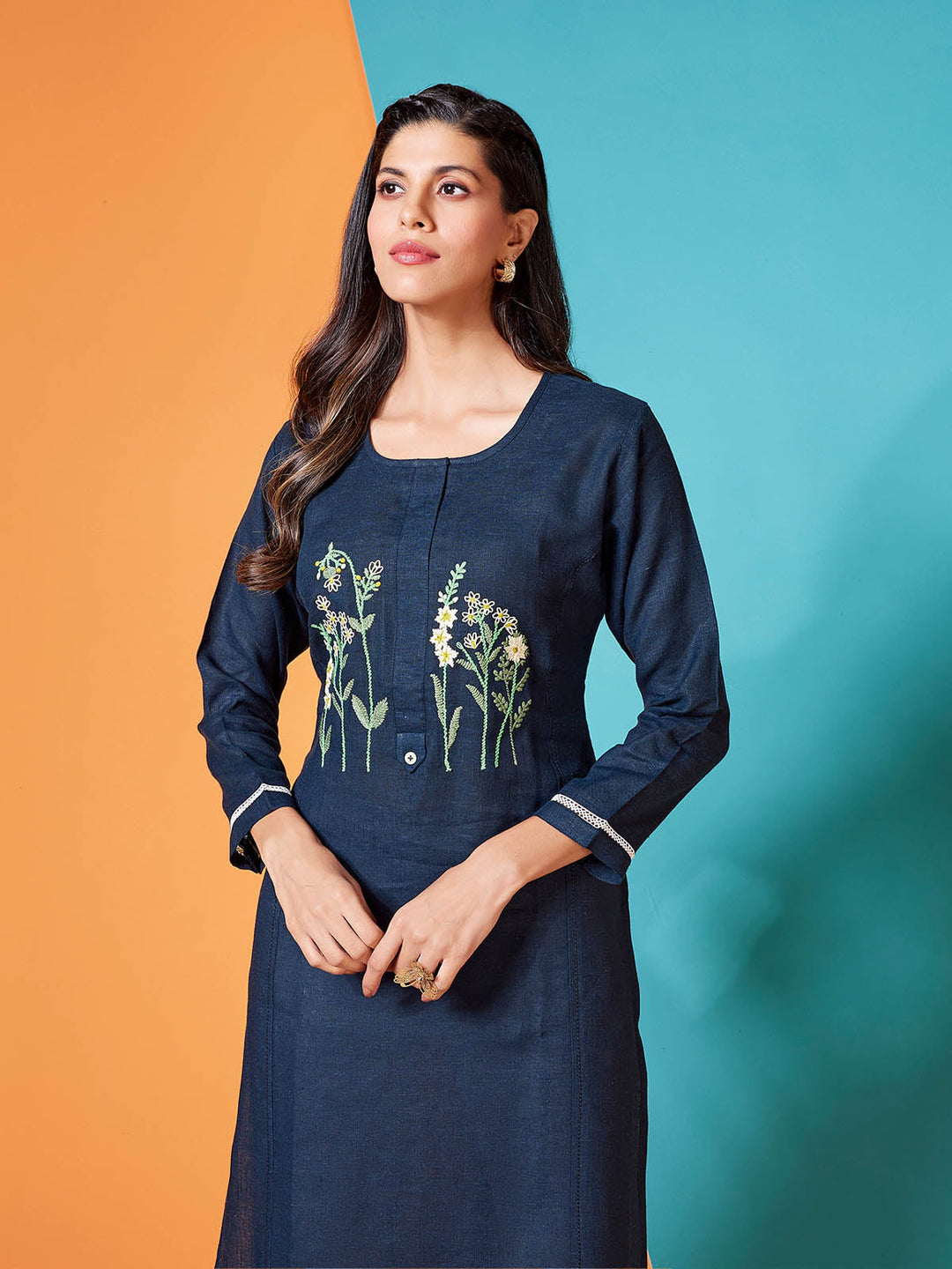 Navy Blue Linen Kurti