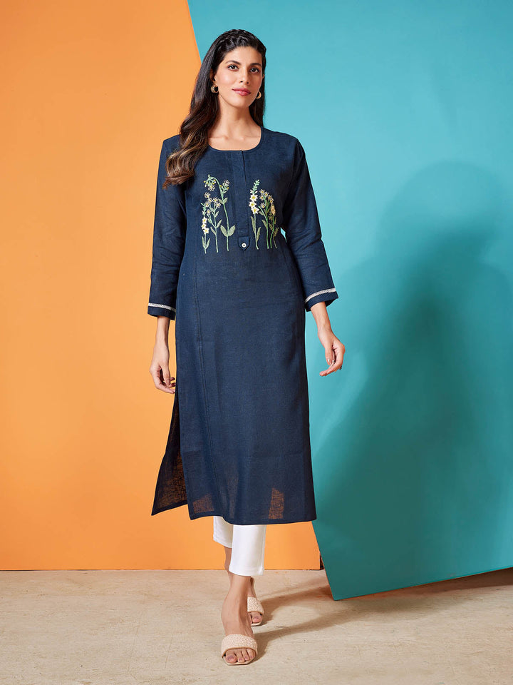 Navy Blue Linen Kurti