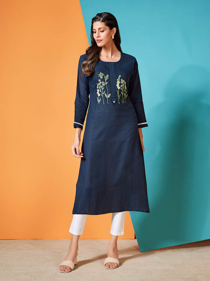 Navy Blue Linen Kurti