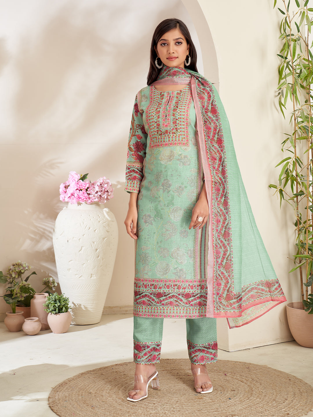 Mint Green Floral Print Suit Set