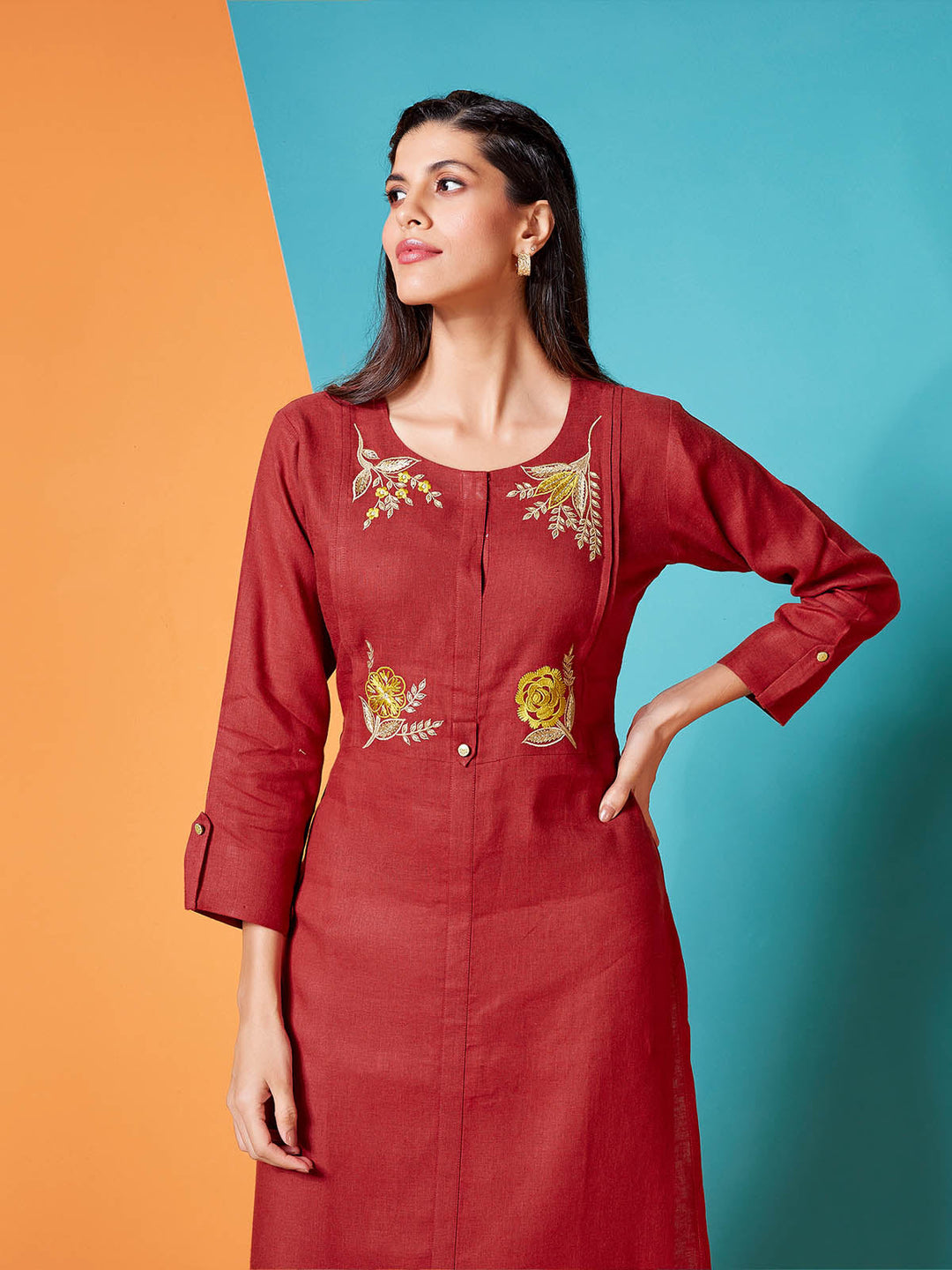 Brick Red Linen Kurti