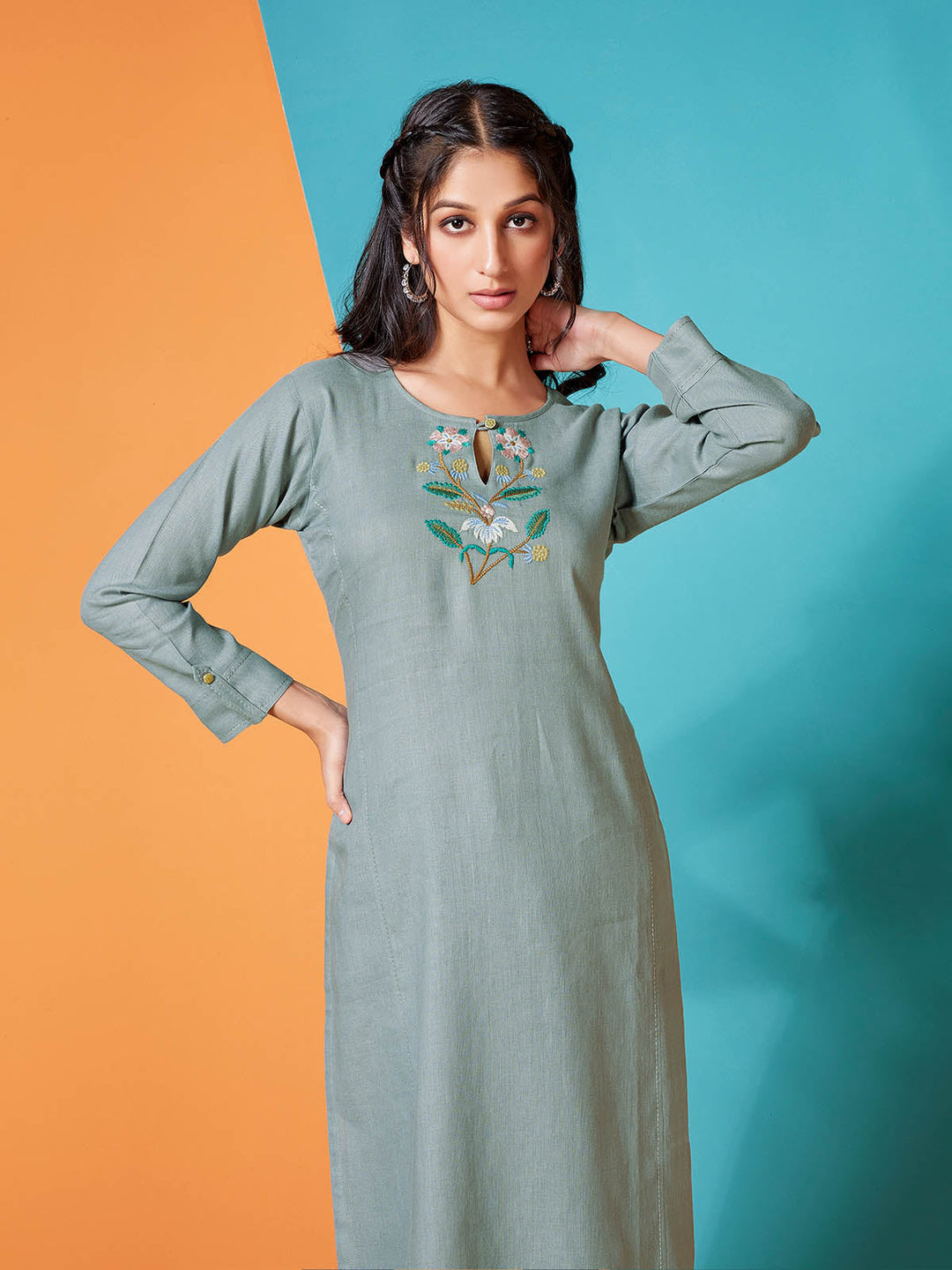 Steel Grey Linen Kurti