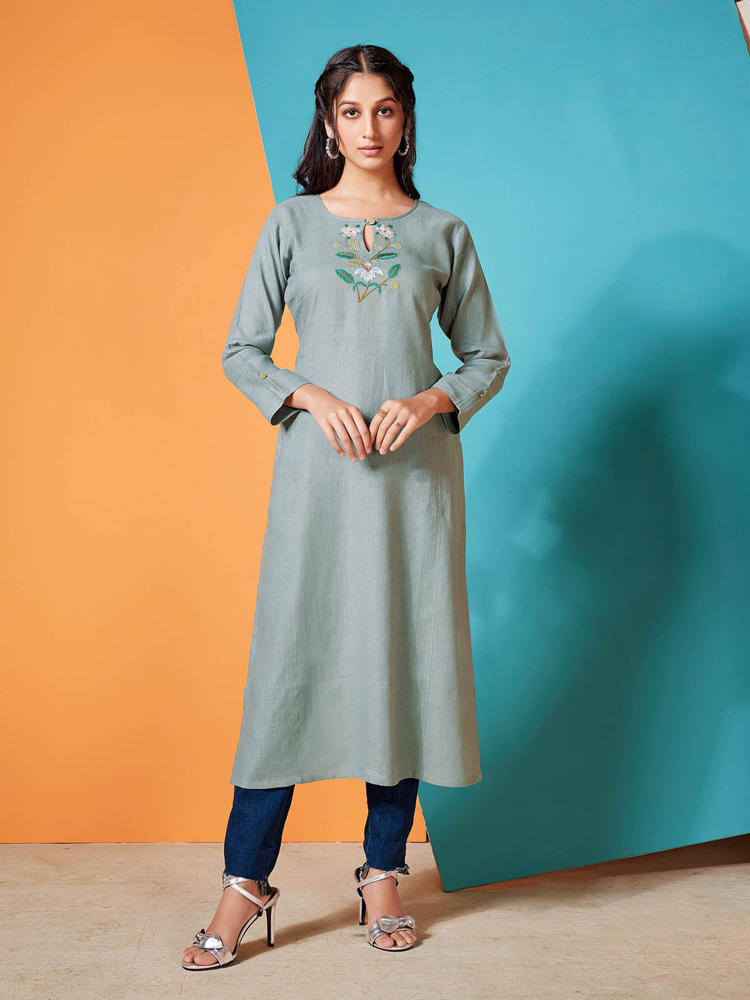 Steel Grey Linen Kurti