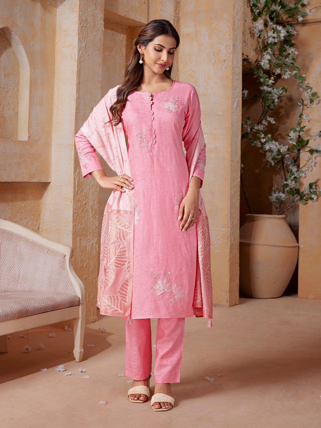 Soft Pink Linen Suit Set