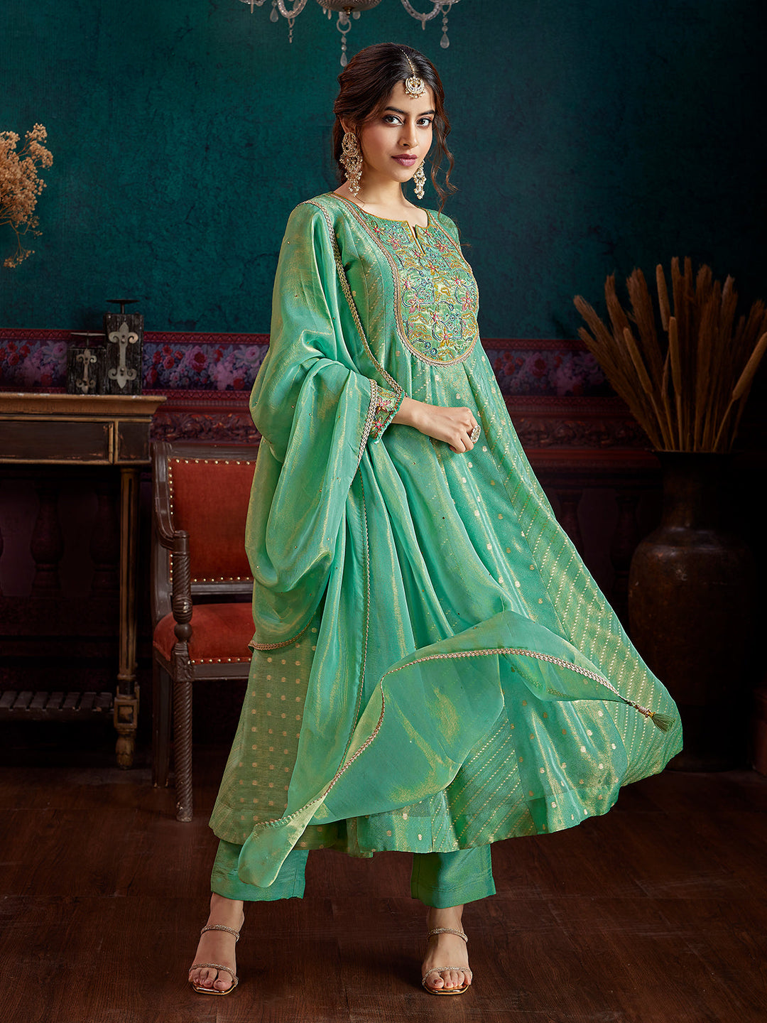 Mint Green Jacquard Anarkali Set