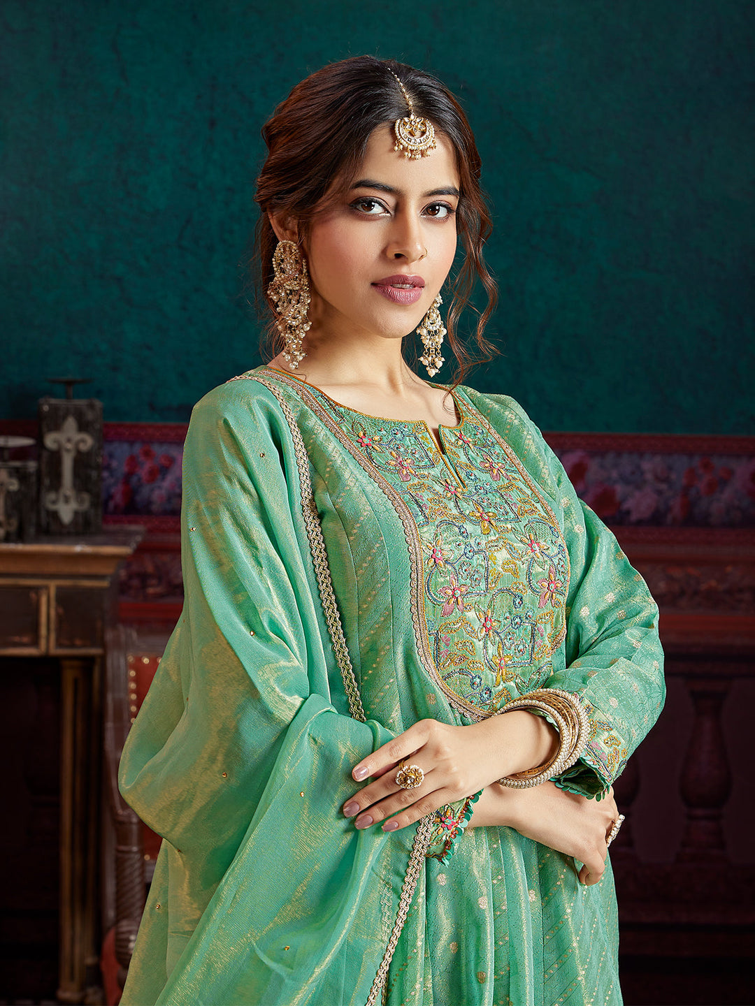 Mint Green Jacquard Anarkali Set