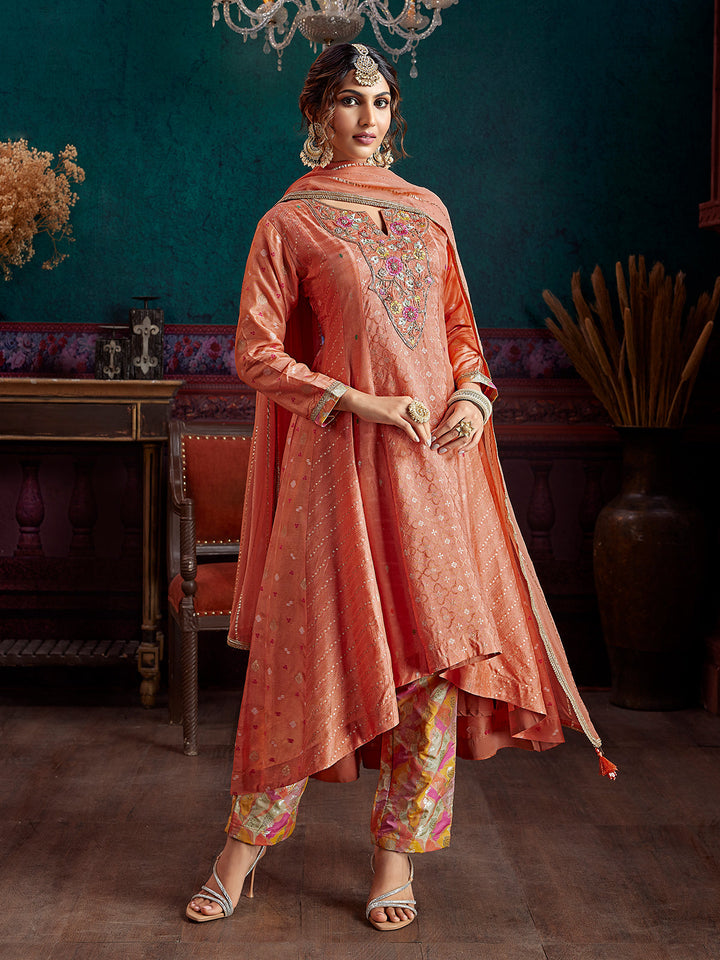 Orange Jacquard Anarkali Set