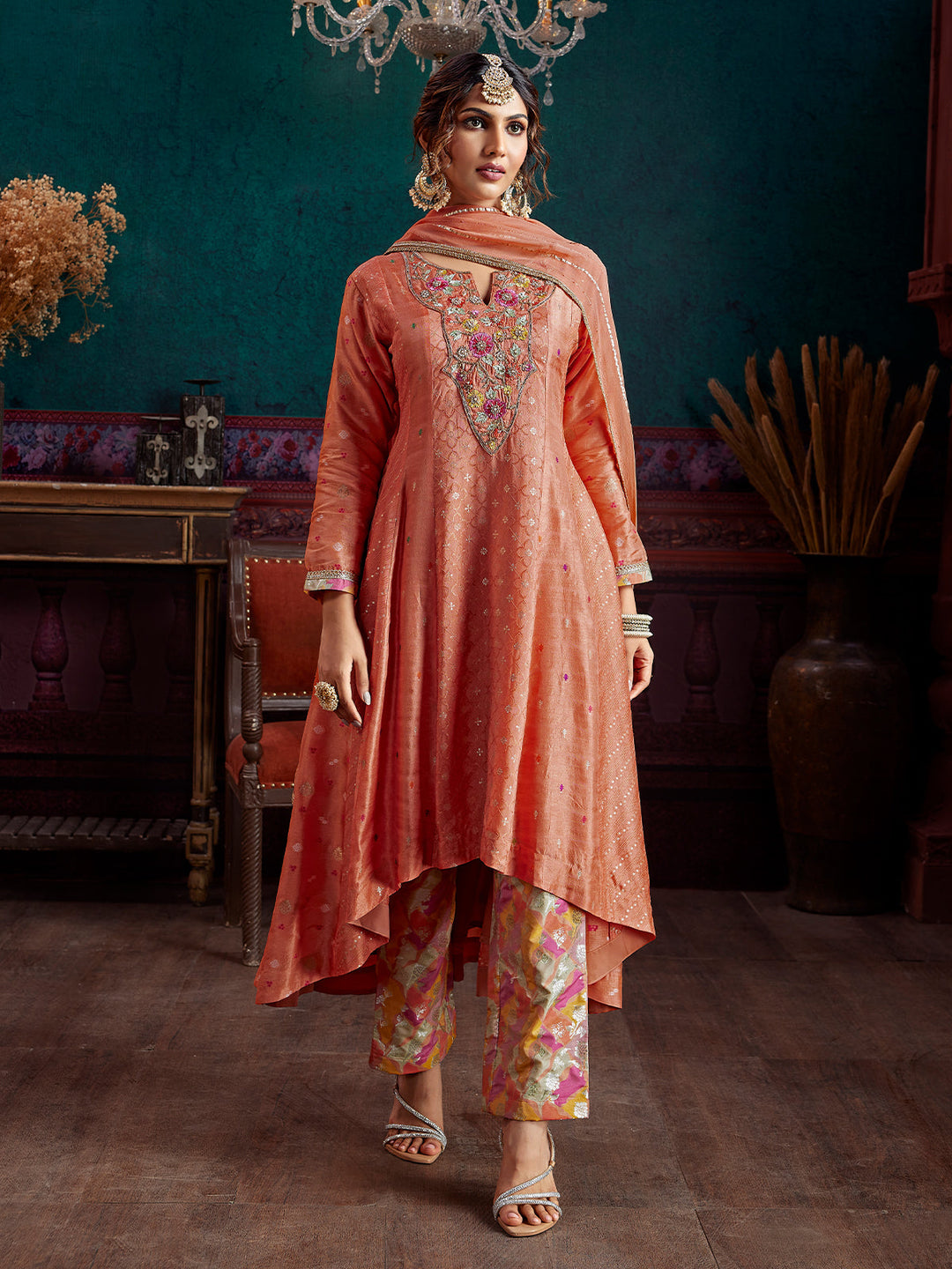 Orange Jacquard Anarkali Set