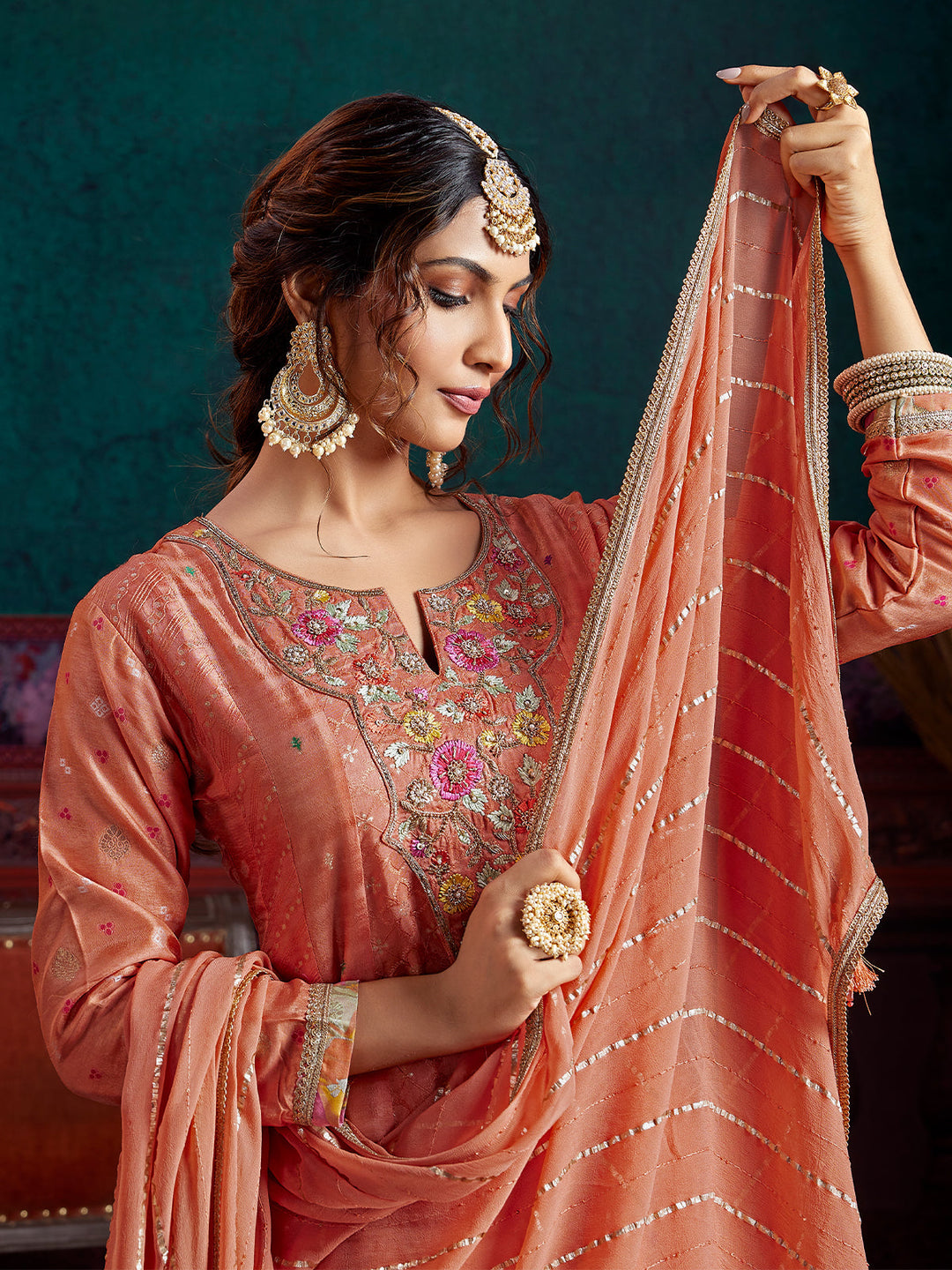 Orange Jacquard Anarkali Set