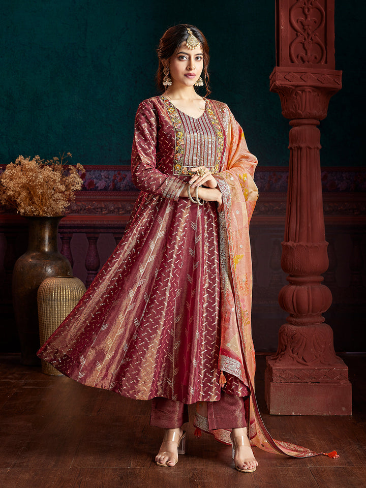 Wine Red Jacquard Anarkali Set