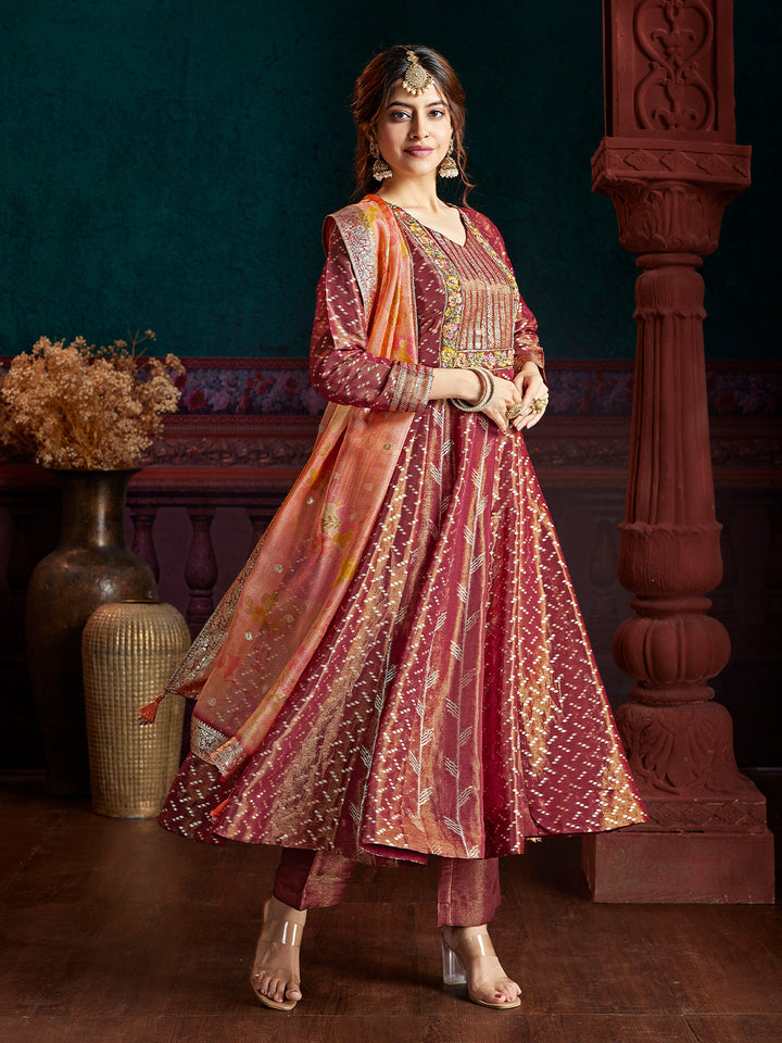 Wine Red Jacquard Anarkali Set