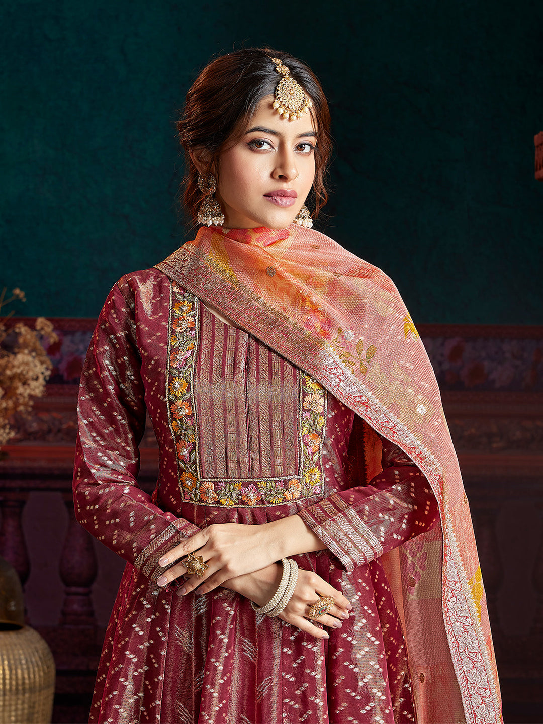 Wine Red Jacquard Anarkali Set