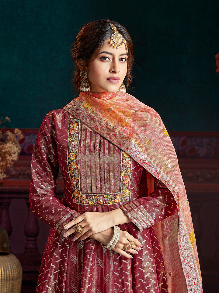 Wine Red Jacquard Anarkali Set