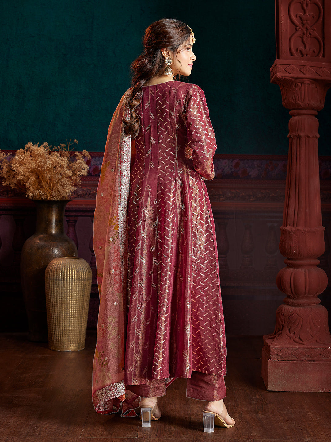 Wine Red Jacquard Anarkali Set