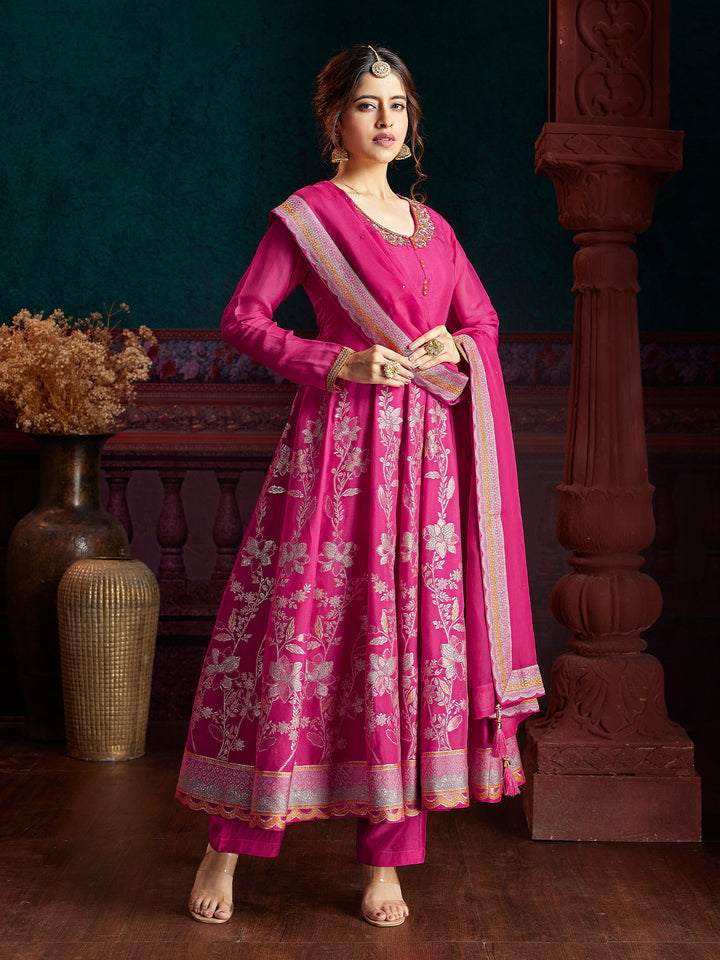 Pink Jacquard Anarkali Set