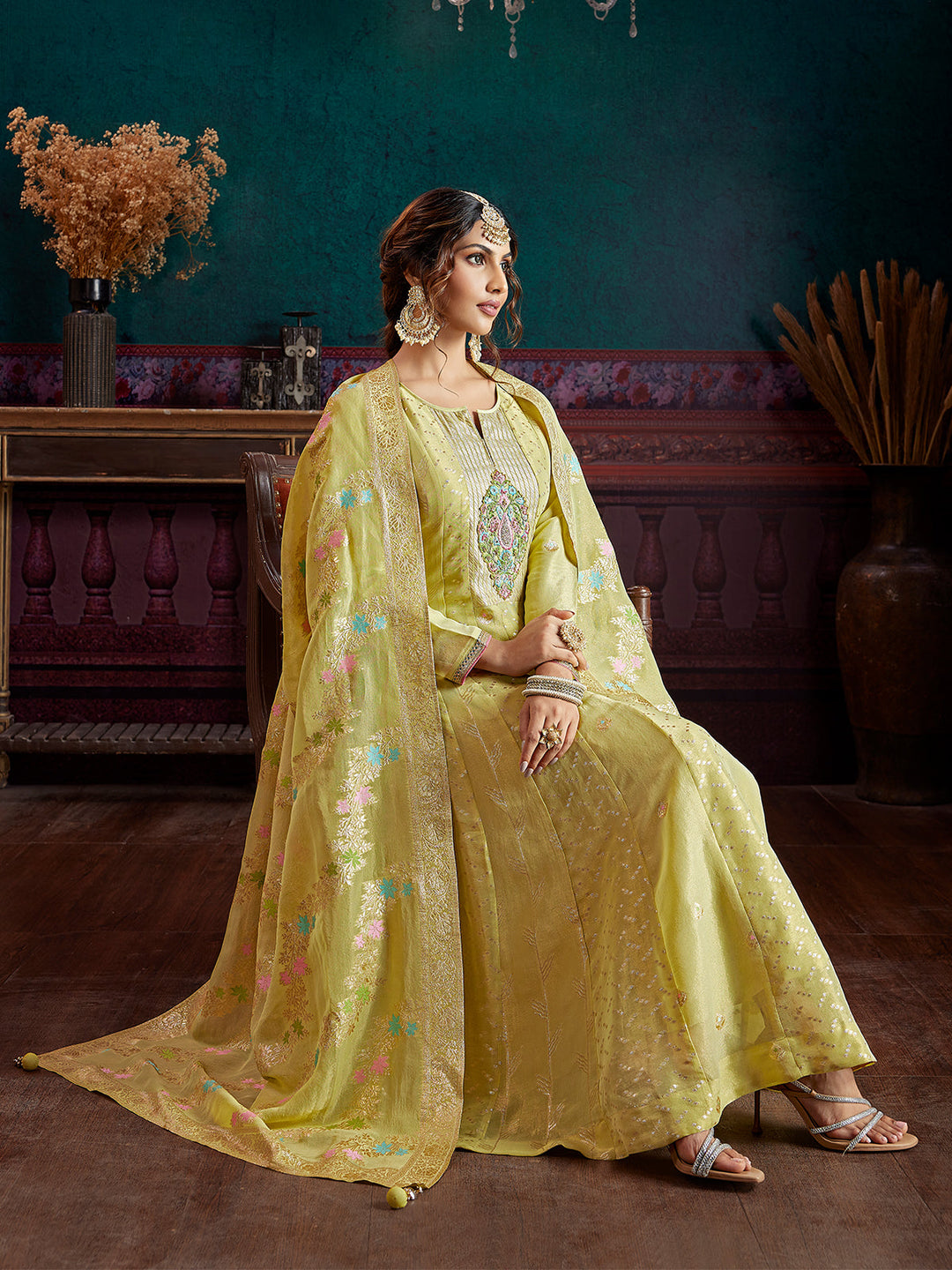 Yellow Jacquard Anarkali Set