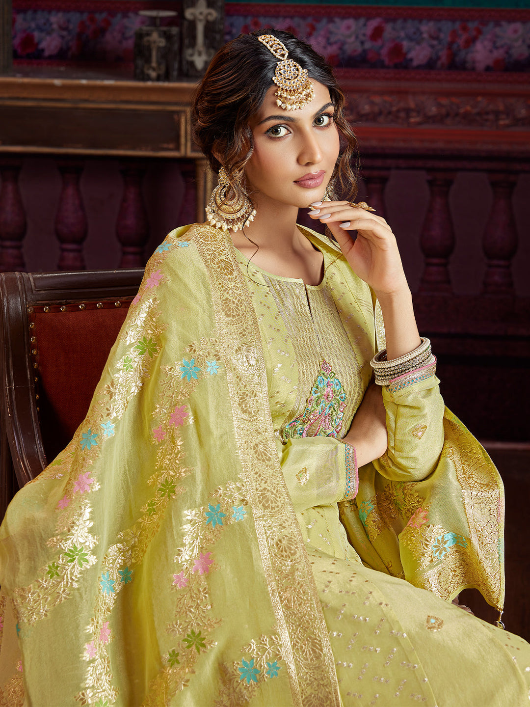 Yellow Jacquard Anarkali Set