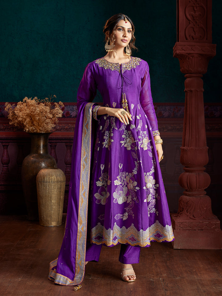Purple Jacquard Anarkali Set