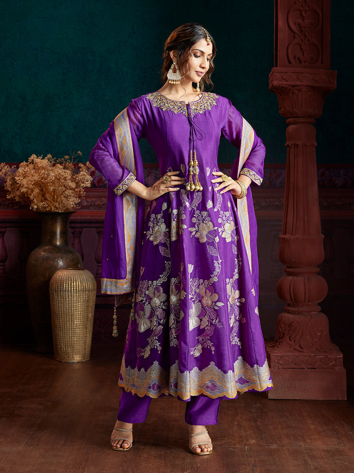 Purple Jacquard Anarkali Set