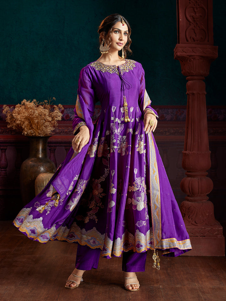 Purple Jacquard Anarkali Set